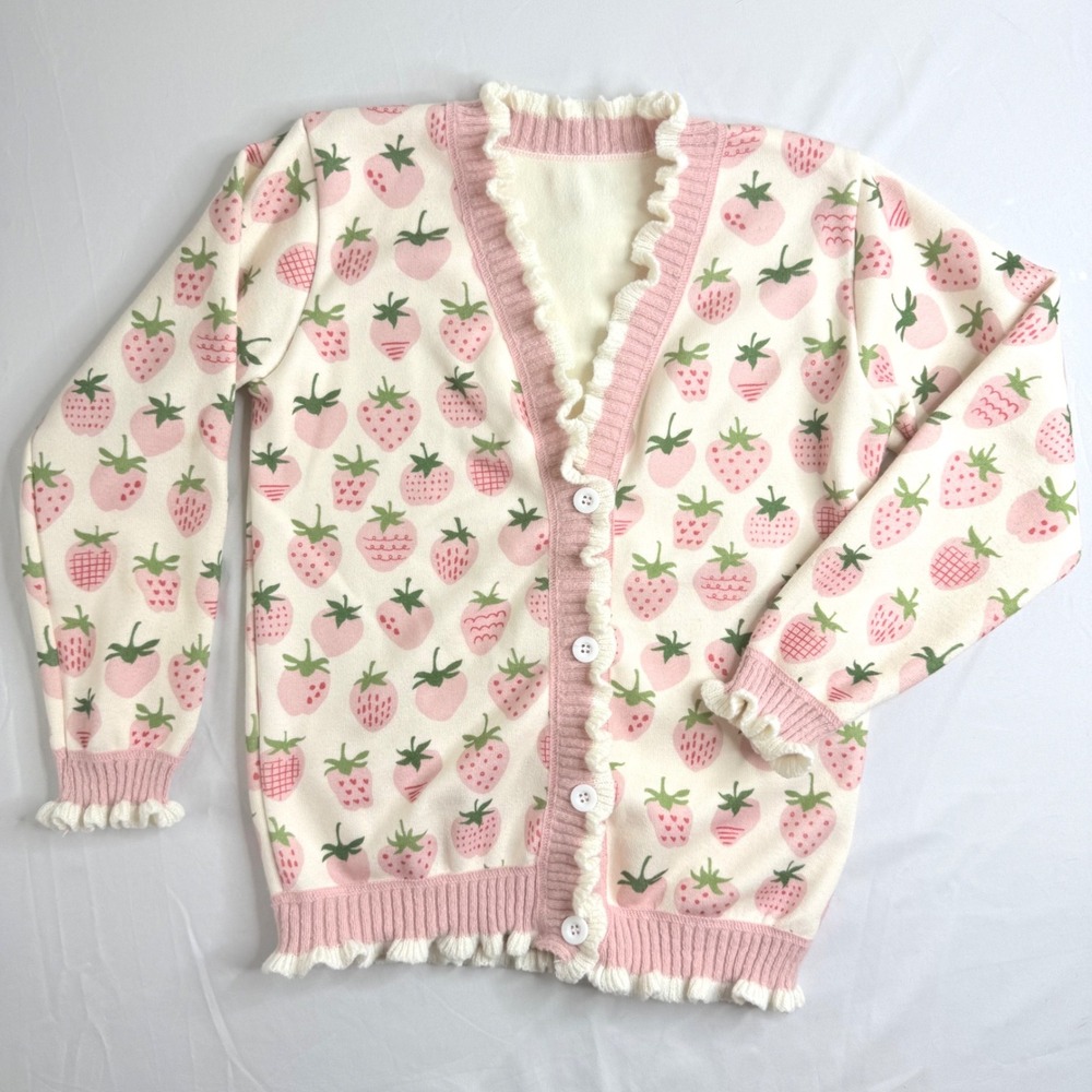 Womens Strawberry Print Ruffle Trim Knit Cardigan Pink Cream V-Neck Button Up - Picture 2 of 11